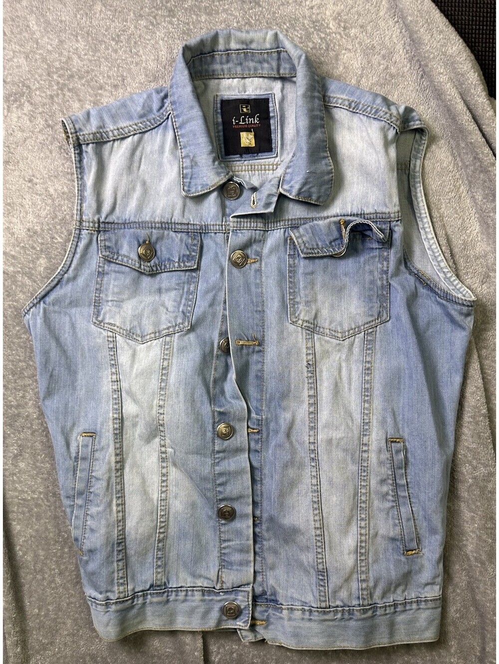 i-Link Denim Vest Mens Light Wash Sleeveless Jean Trucker Biker Western 21” P2P